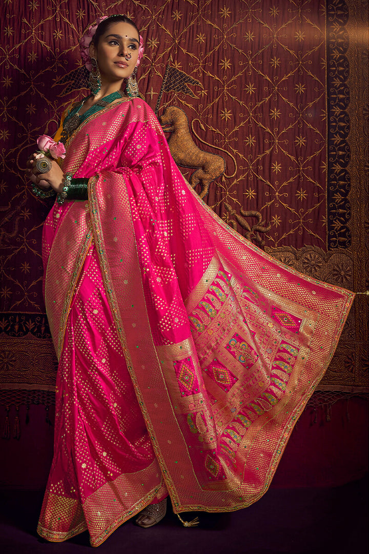 Folly Pink Pure Viscose Dola Silk Saree With Embroidery Blouse
