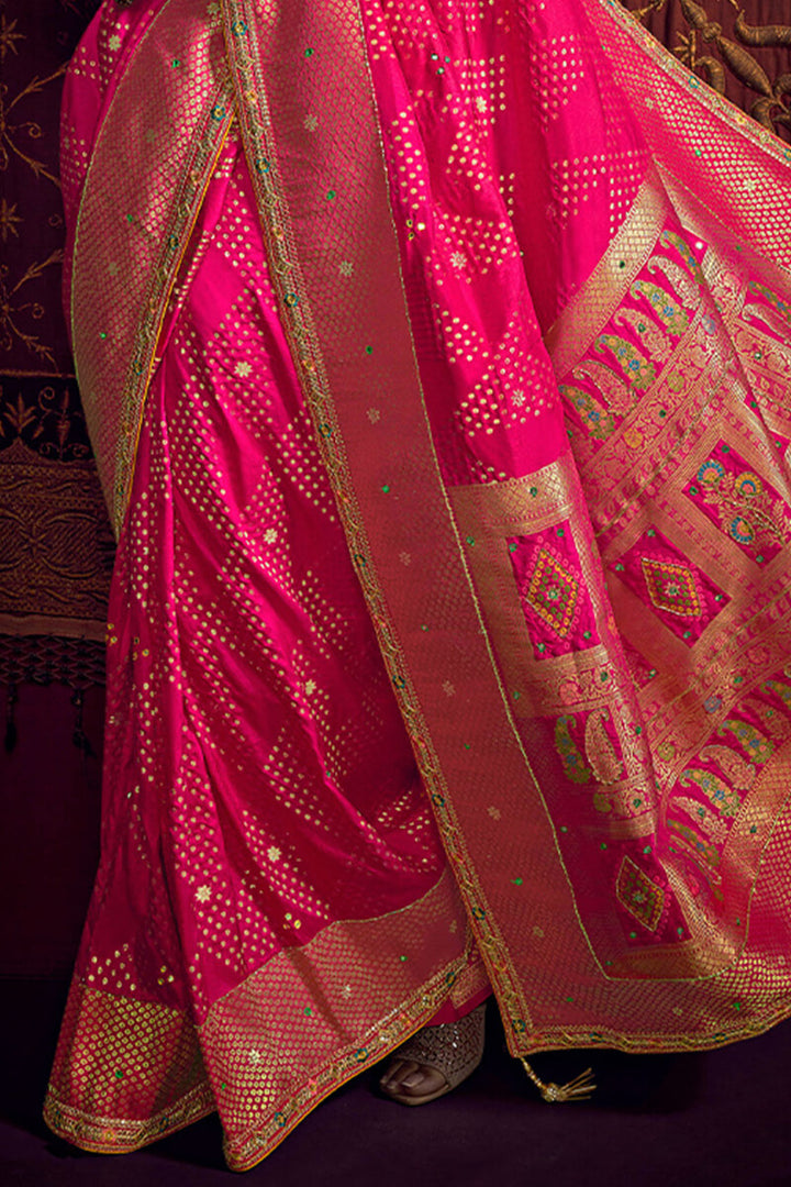 Folly Pink Pure Viscose Dola Silk Saree With Embroidery Blouse