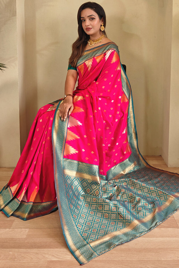 Folly Pink Zari Woven Banarasi Silk Saree