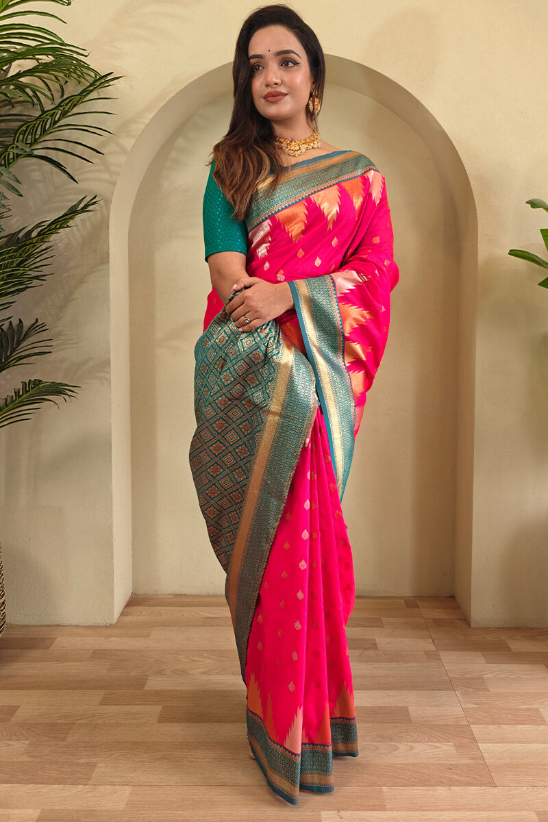 Folly Pink Zari Woven Banarasi Silk Saree