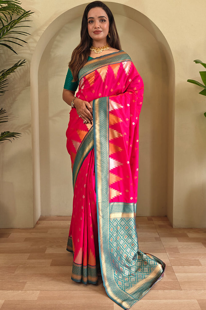 Folly Pink Zari Woven Banarasi Silk Saree