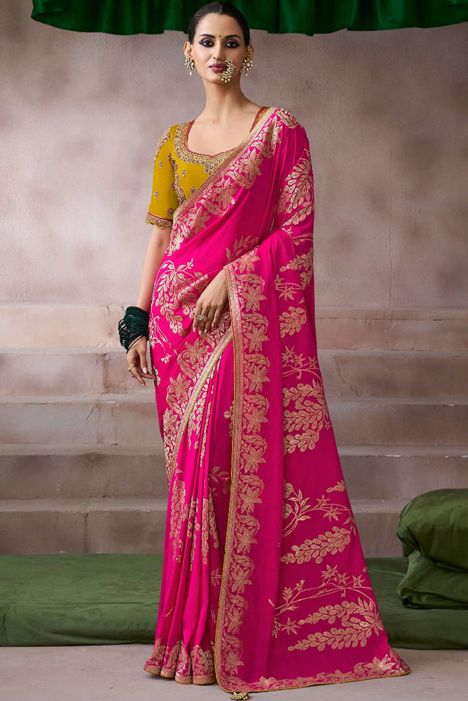 Folly Pink Zari Woven Pure Crape Silk Saree with Designer Blouse Piece