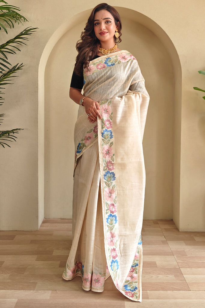 Fossil Beige Contrast Color Embroidered Tussar Silk Saree