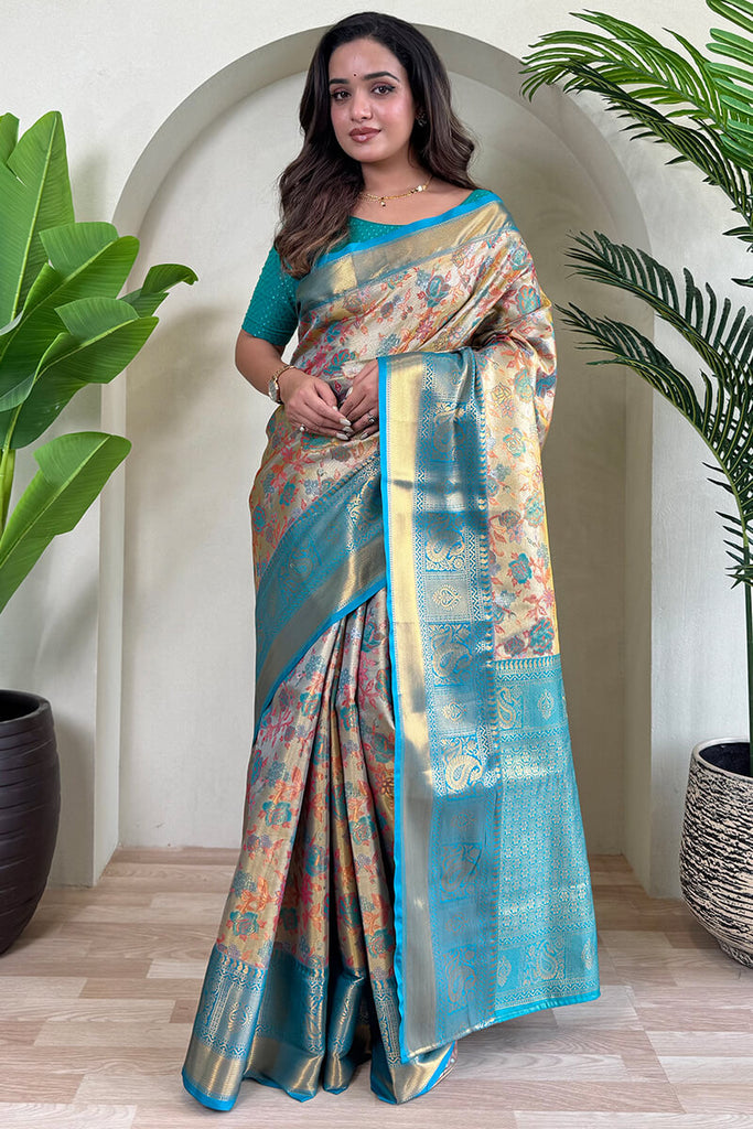 Fountain Blue and Beige Kanjivaram Saree