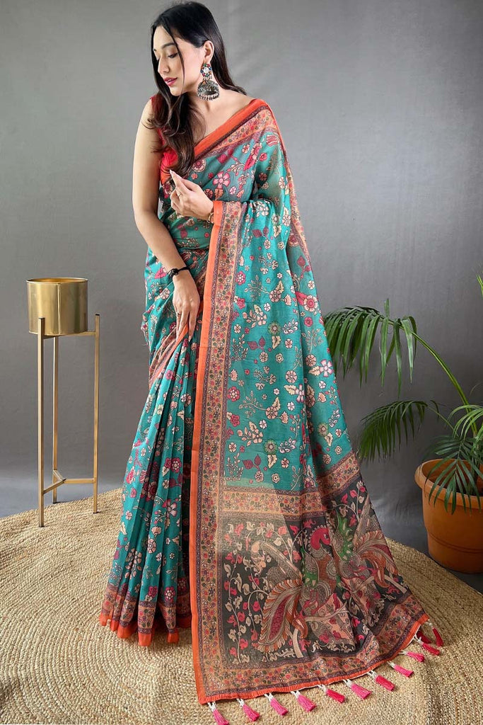 Fountain Blue Kalamkari Printed Cotton Saree