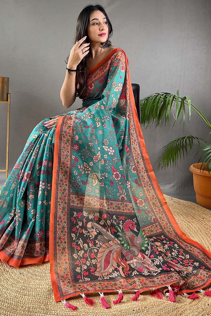 Fountain Blue Kalamkari Printed Cotton Saree