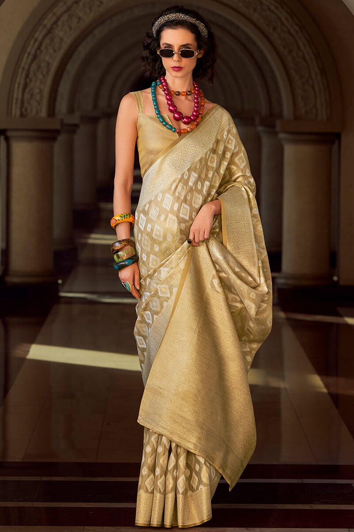 French Beige Tissue Silk Saree