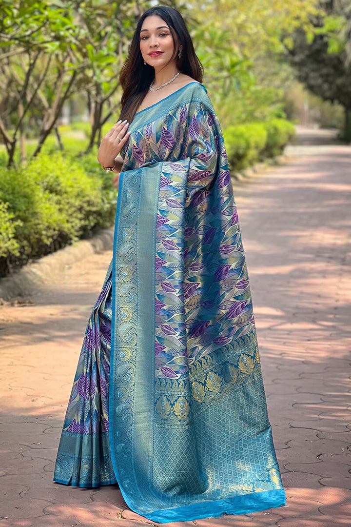 French Blue Zari Woven Kanjivaram Silk Saree