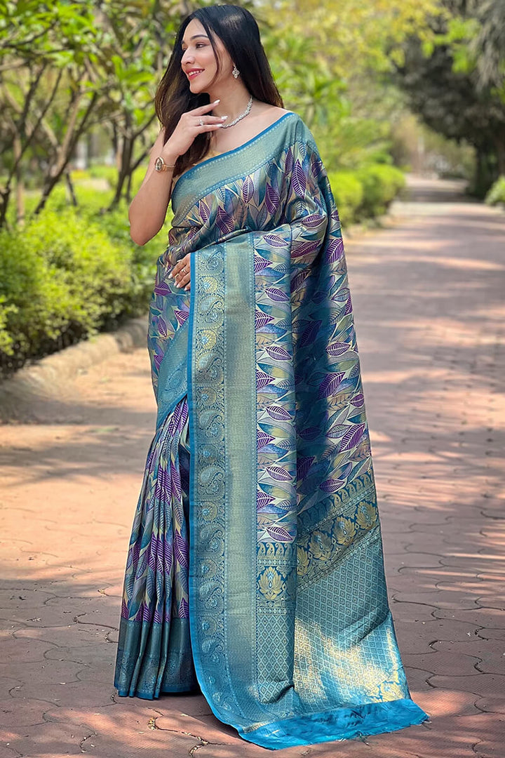French Blue Zari Woven Kanjivaram Silk Saree
