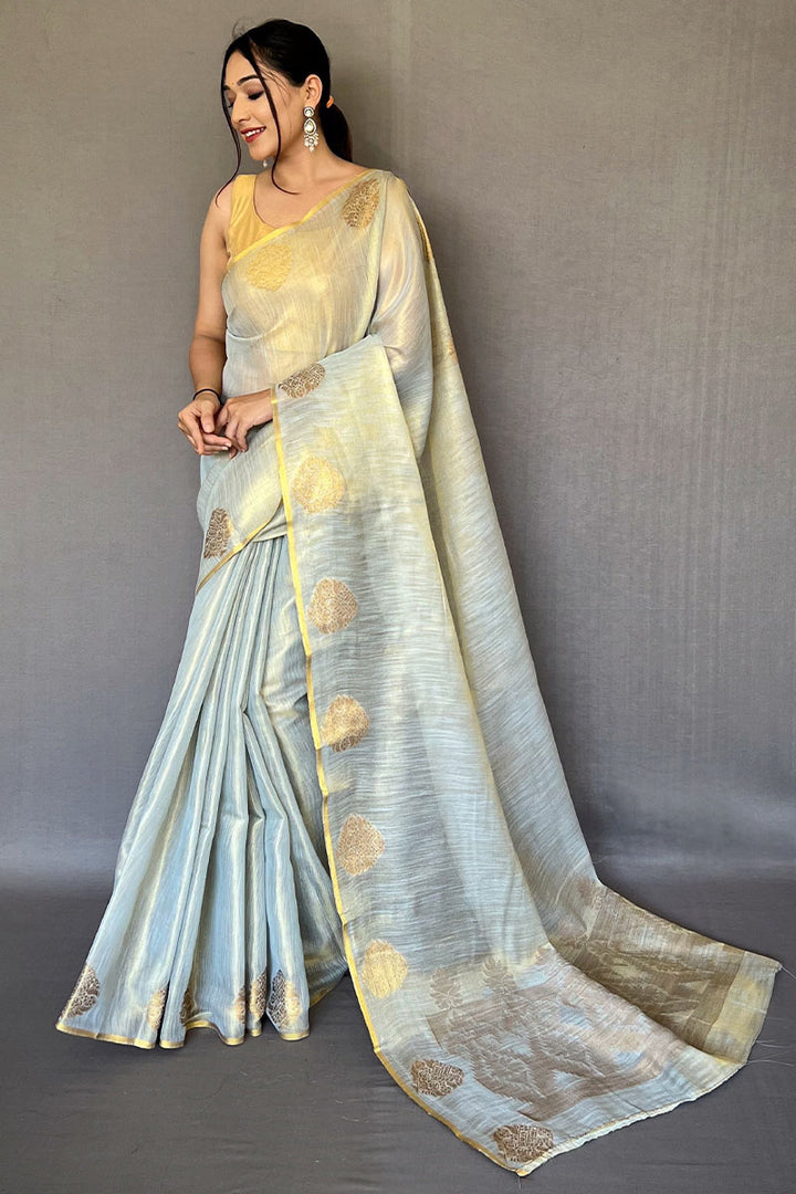 French Grey Zari Woven Tissue silk Saree