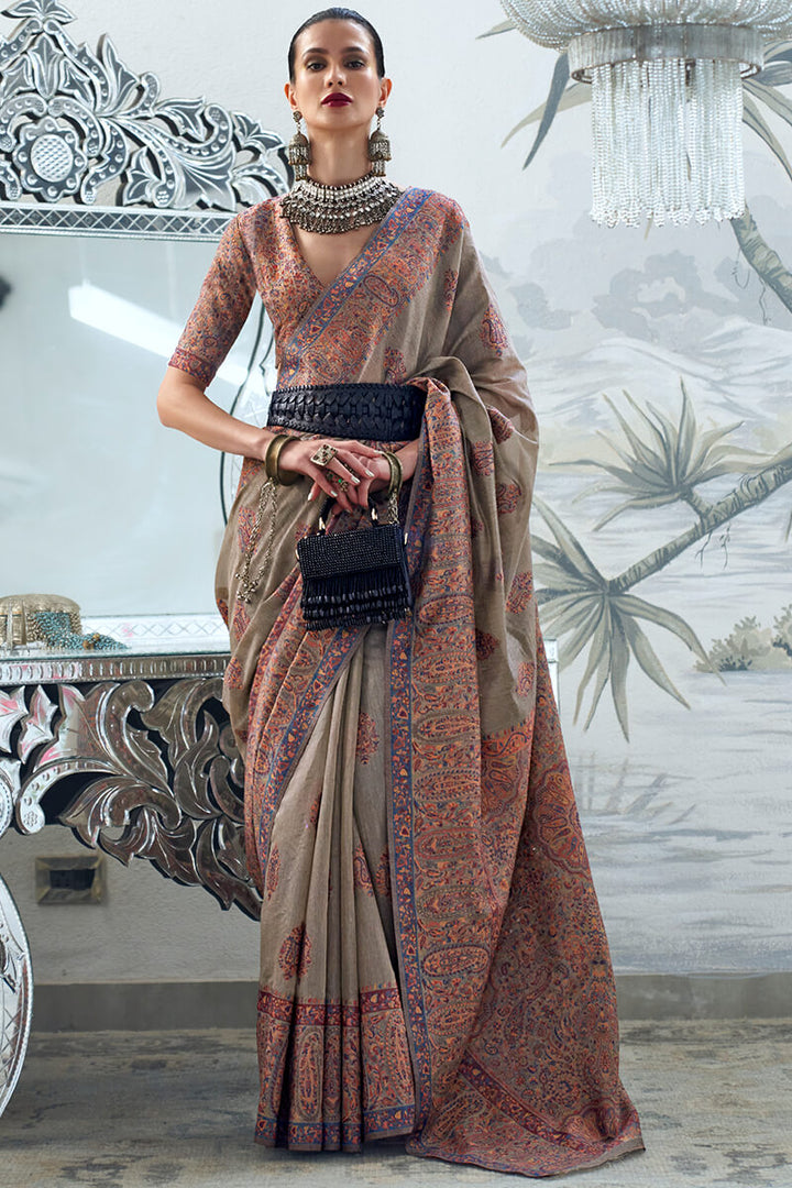 Friar Grey Kashmiri Modal Pashmina Silk Saree