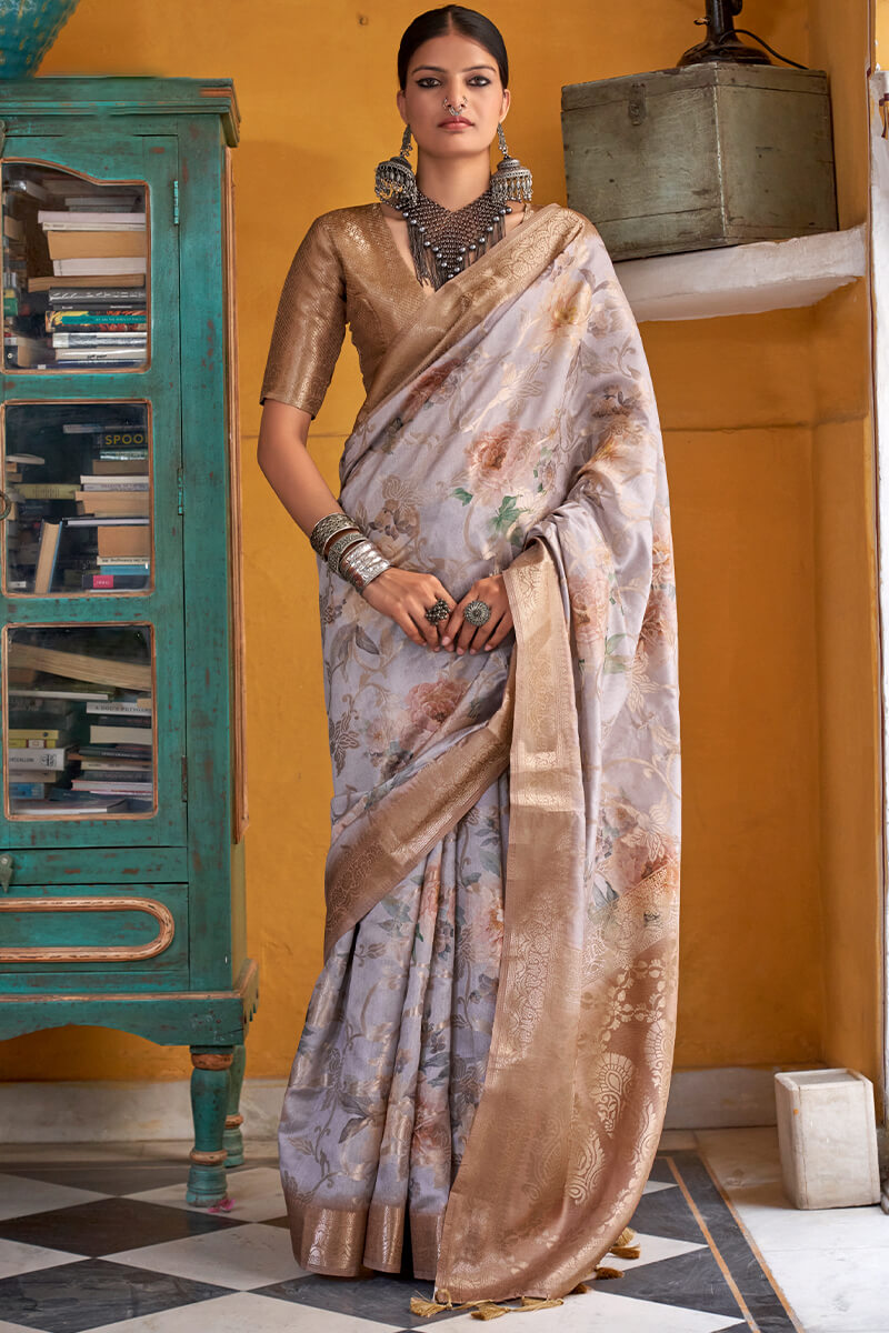 Frosty Gray Zari Woven Digital Printed Soft Cotton Silk Saree
