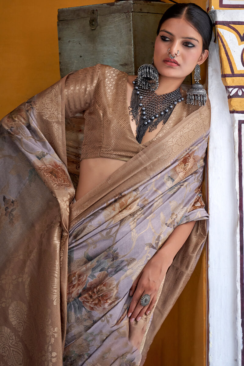 Frosty Gray Zari Woven Digital Printed Soft Cotton Silk Saree