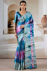 Fun Blue Hand Prism Printed Satin Silk Saree