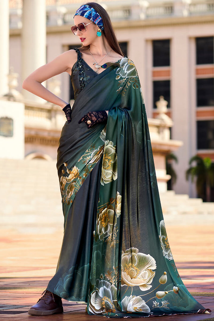 Gable Green Printed Satin Crepe Silk Saree