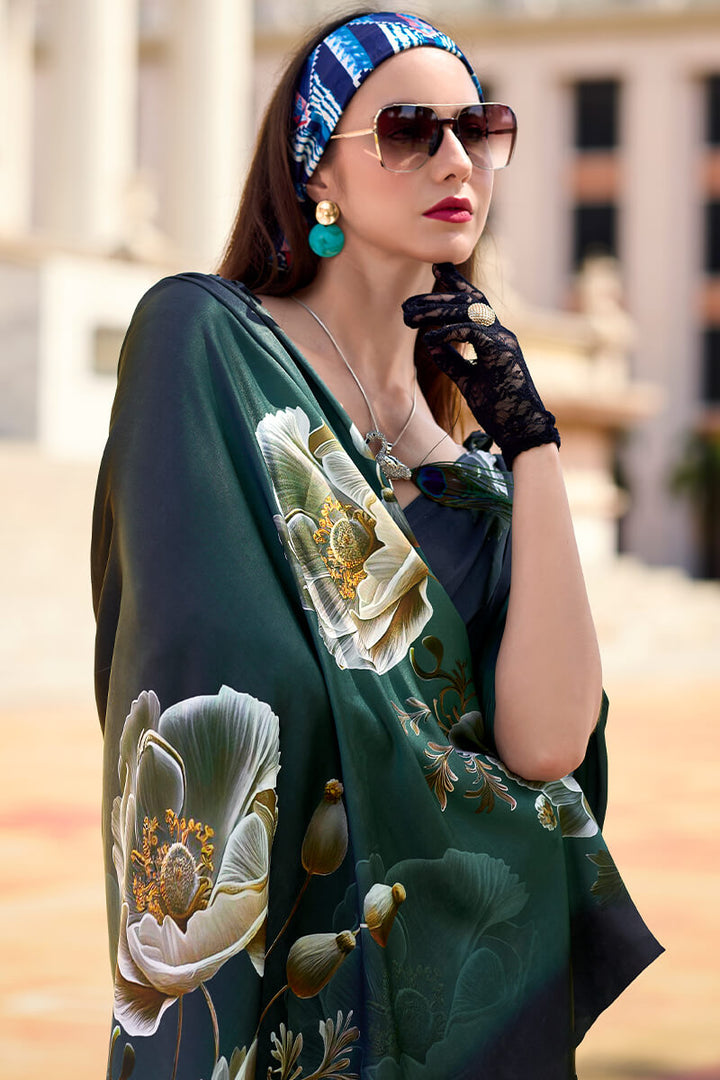Gable Green Printed Satin Crepe Silk Saree