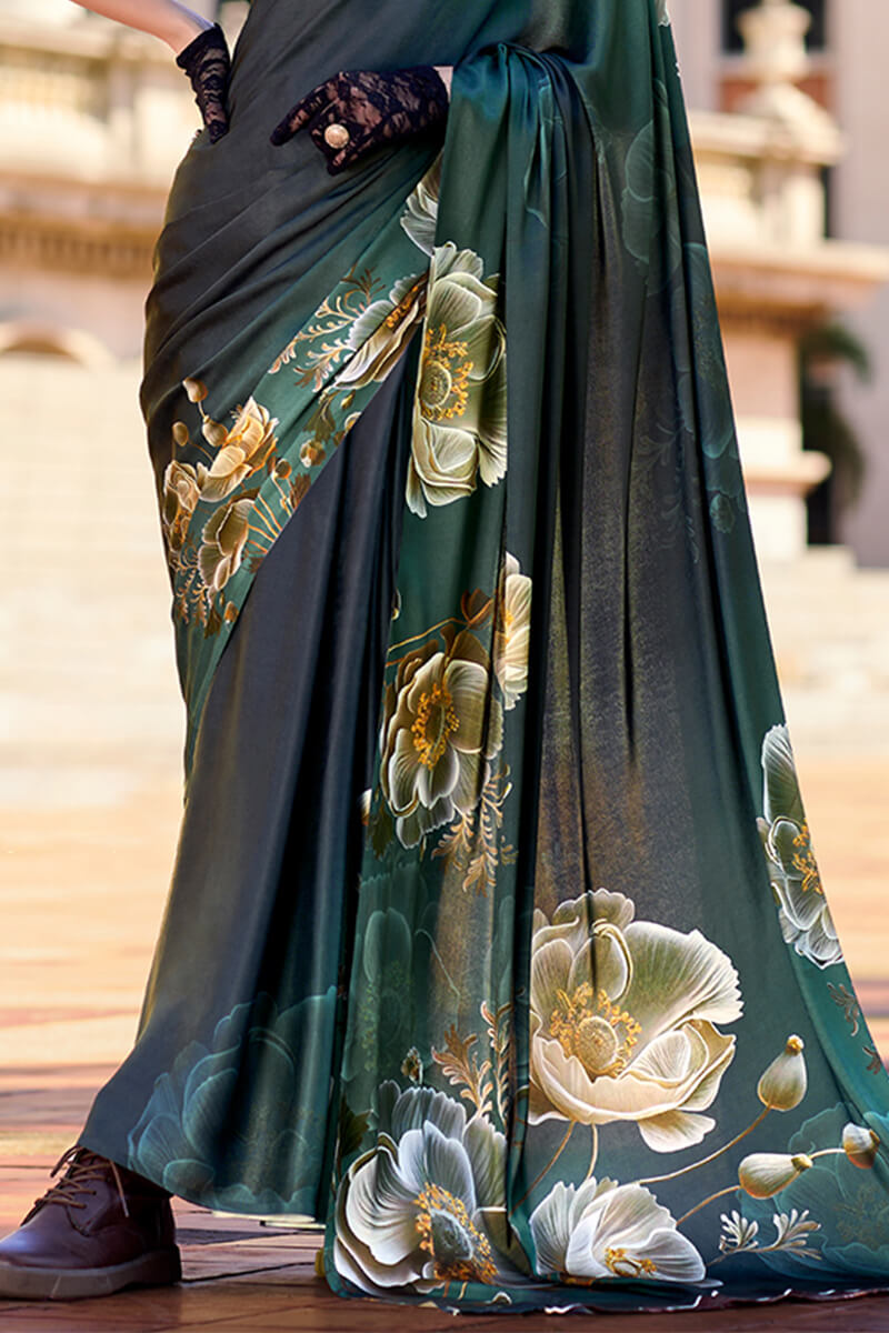 Gable Green Printed Satin Crepe Silk Saree