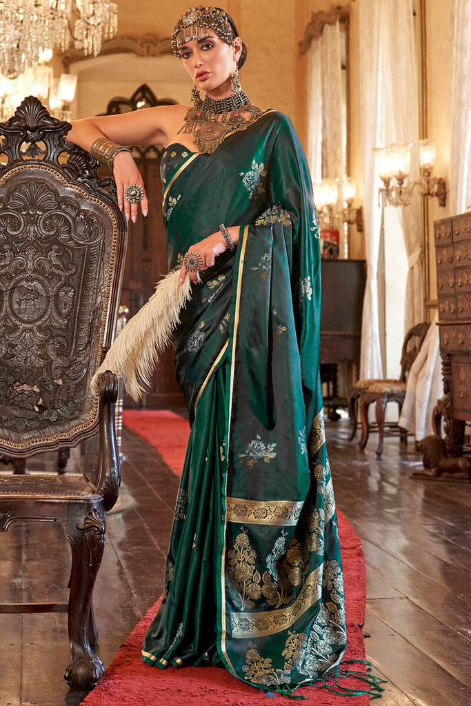 Gable Green Zari Woven Banarasi Satin Silk Saree