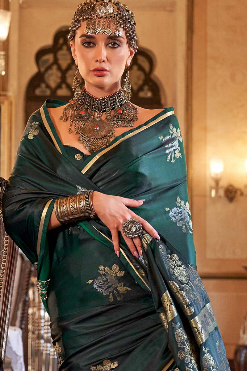 Gable Green Zari Woven Banarasi Satin Silk Saree