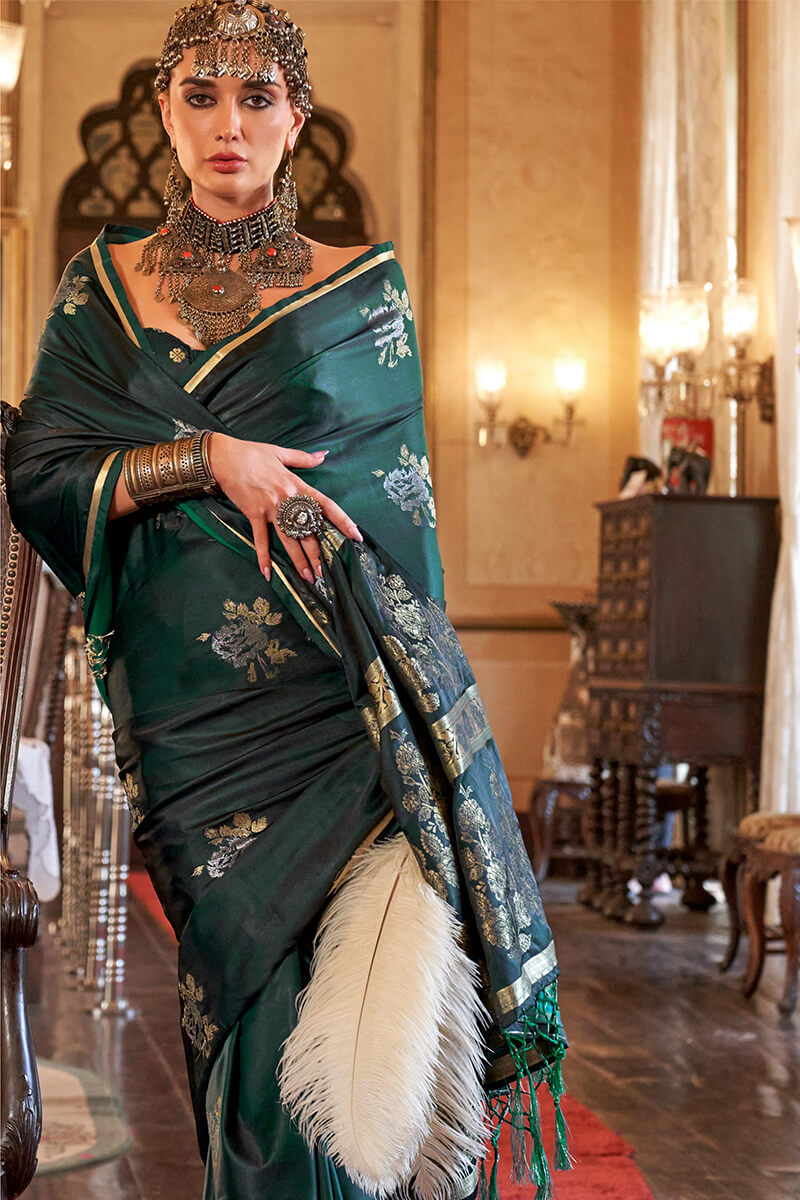 Gable Green Zari Woven Banarasi Satin Silk Saree