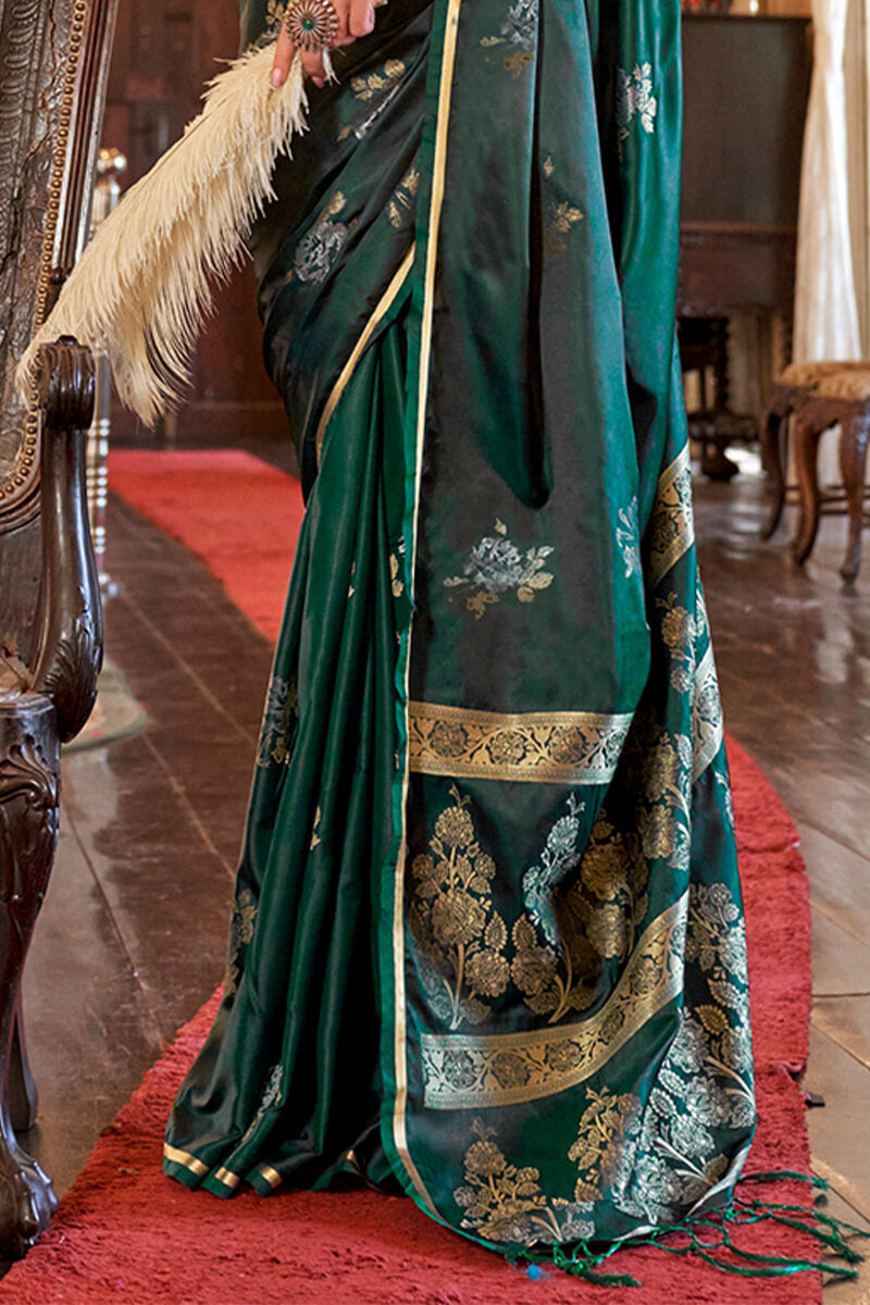 Gable Green Zari Woven Banarasi Satin Silk Saree