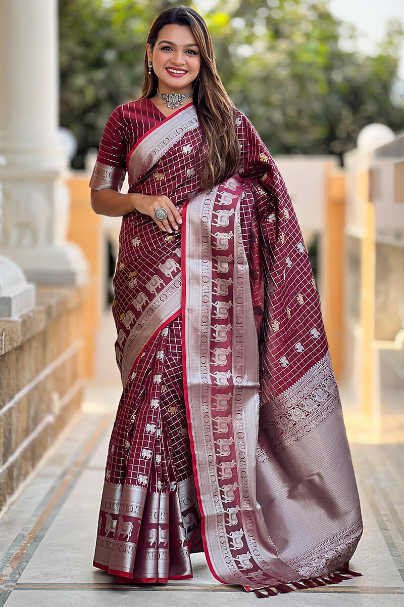 Garnet Wine Soft Banarasi Silk Saree