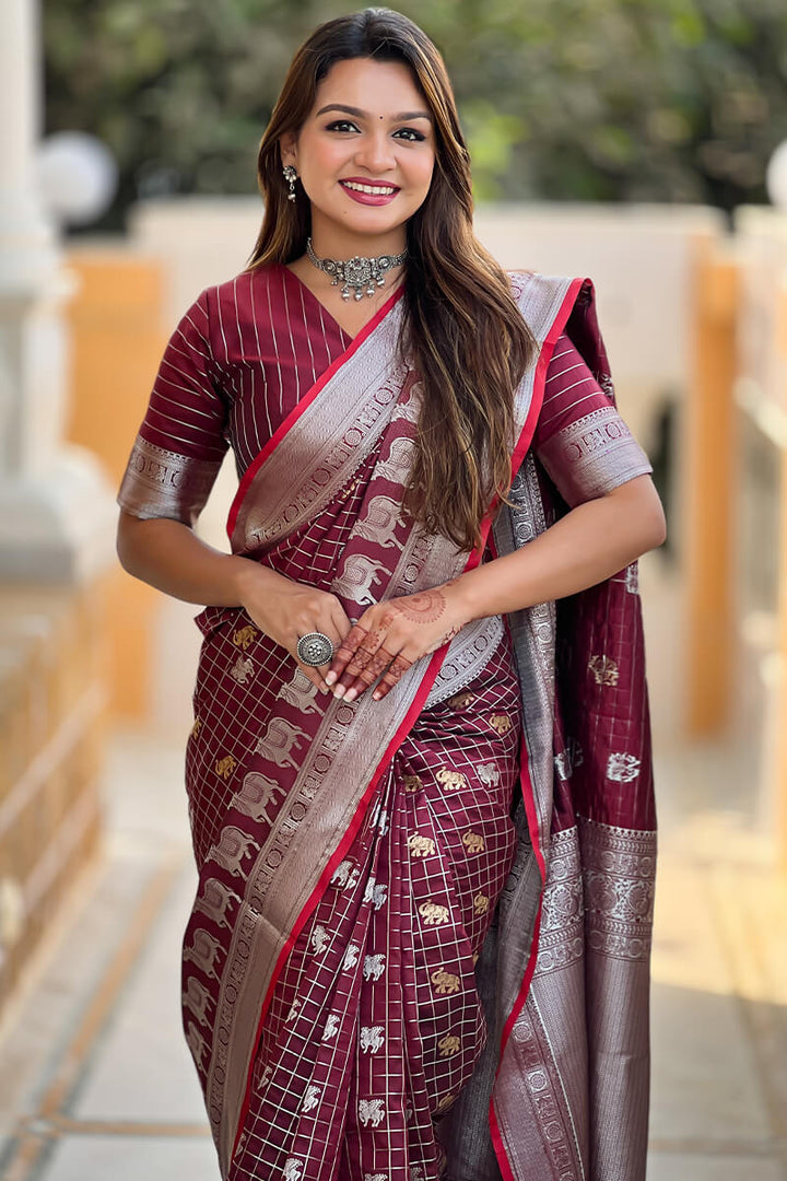 Garnet Wine Soft Banarasi Silk Saree