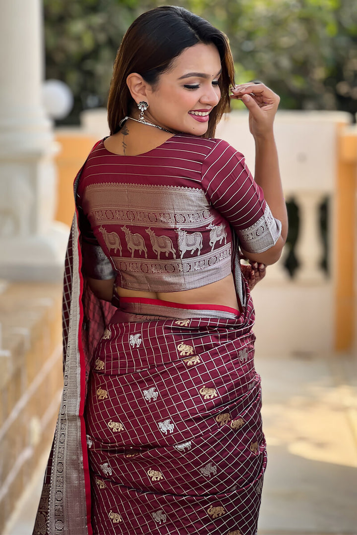 Garnet Wine Soft Banarasi Silk Saree