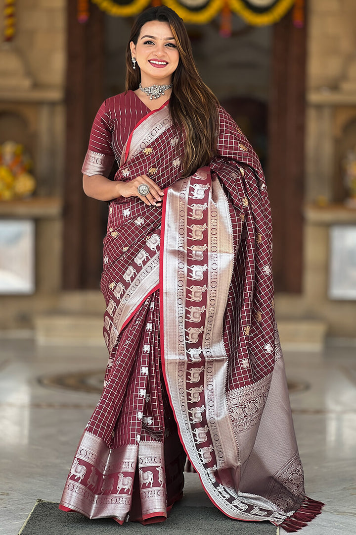 Garnet Wine Soft Banarasi Silk Saree