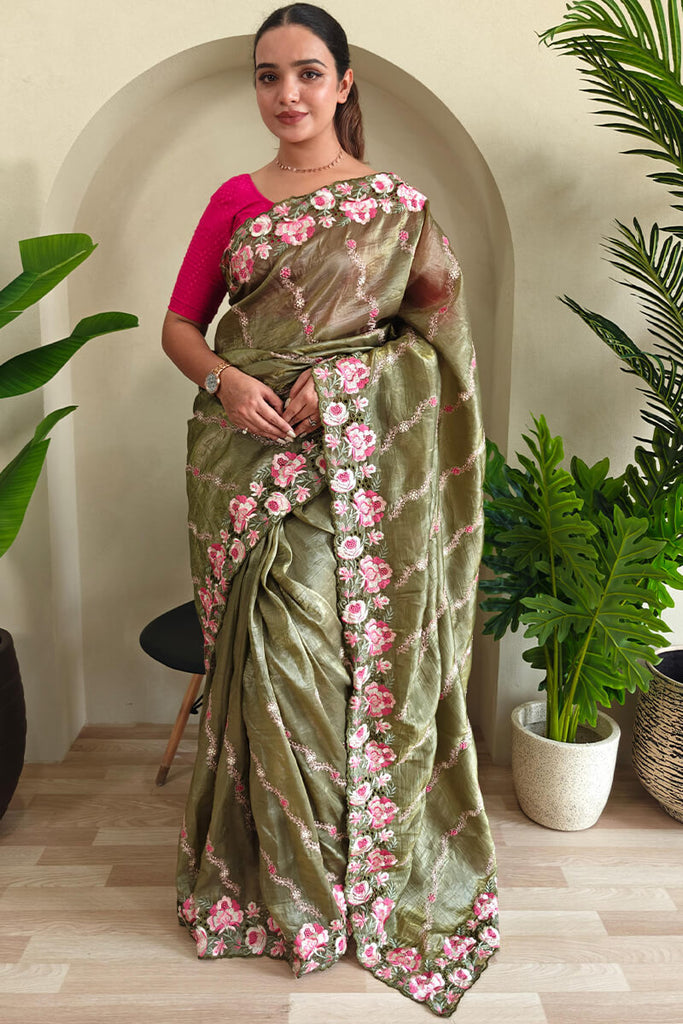 Glade Green Embroidered Work Pure Crush Silk Saree