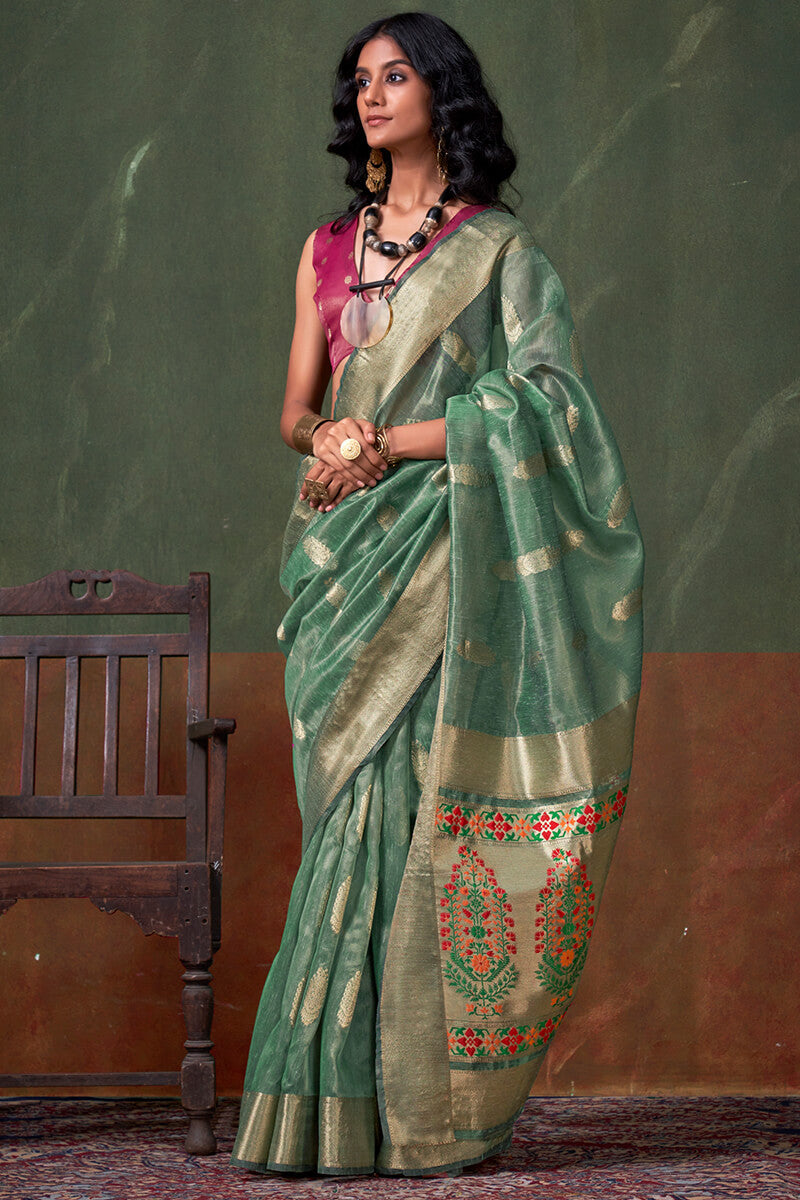 Glade Green Paithani Tissue Silk Saree