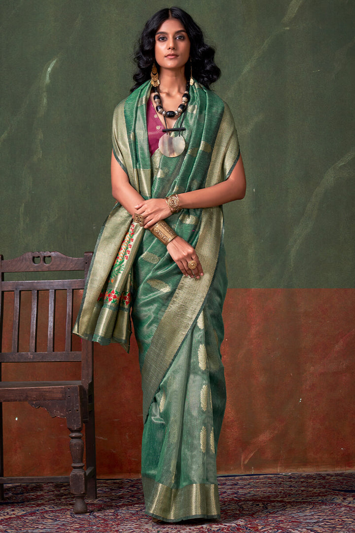 Glade Green Paithani Tissue Silk Saree