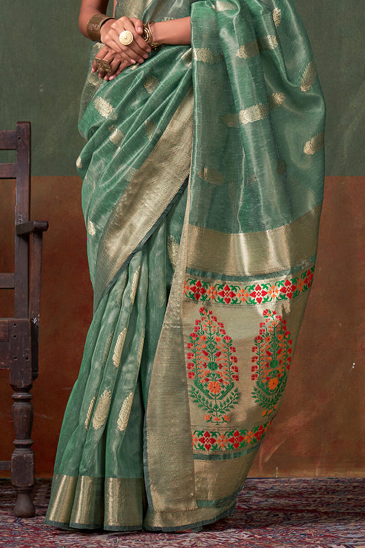 Glade Green Paithani Tissue Silk Saree