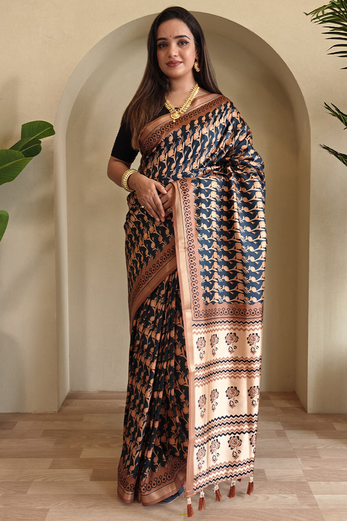 Gloss Black Printed Viscos Dola Silk Saree