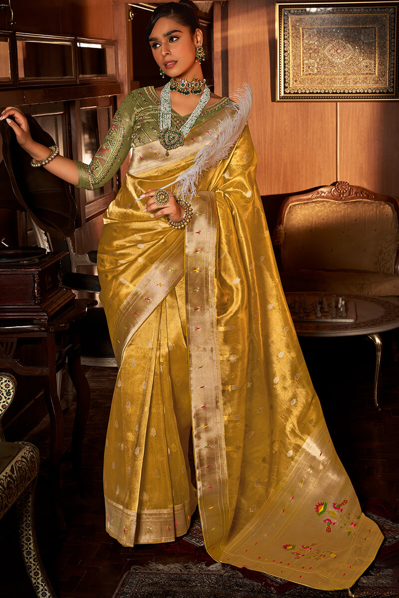 Golden Yellow Paithani Tissue Silk Saree With Embroidery Blouse