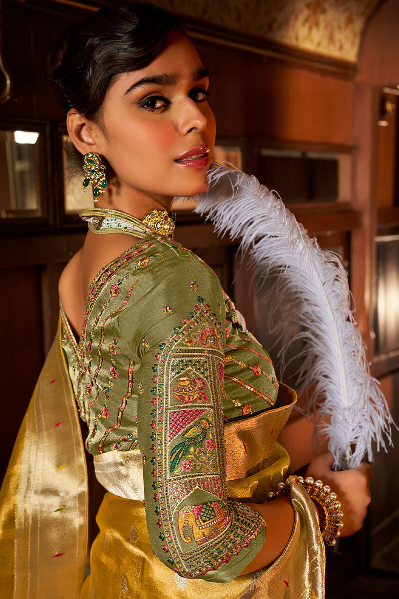 Golden Yellow Paithani Tissue Silk Saree With Embroidery Blouse