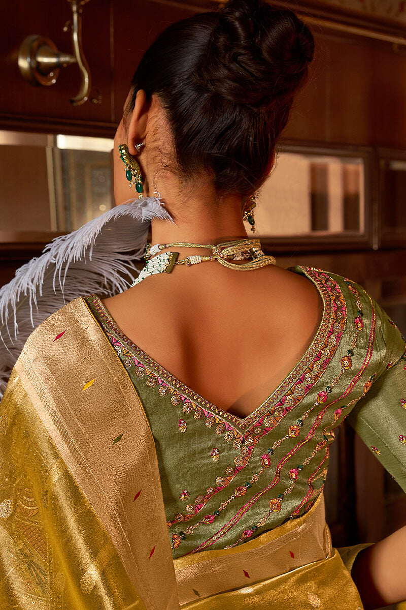 Golden Yellow Paithani Tissue Silk Saree With Embroidery Blouse