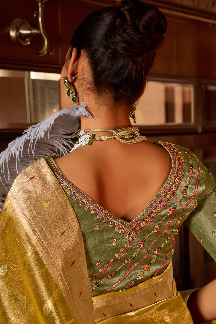 Golden Yellow Paithani Tissue Silk Saree With Embroidery Blouse