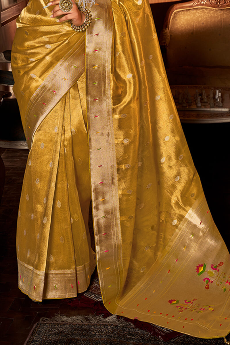 Golden Yellow Paithani Tissue Silk Saree With Embroidery Blouse