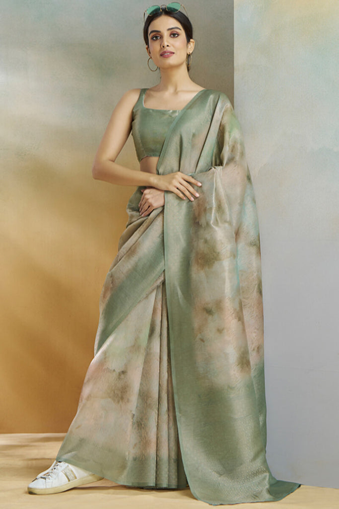 Granite Green Digital Printed Khadi Silk Saree