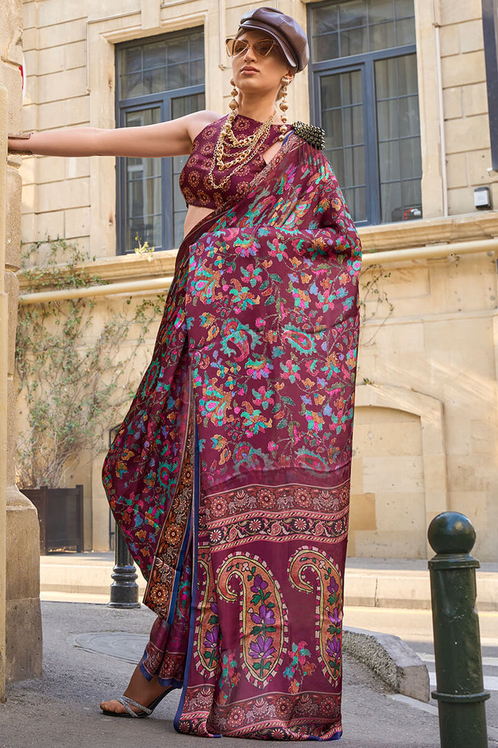 Grape Purple Printed Satin Georgette Silk Saree