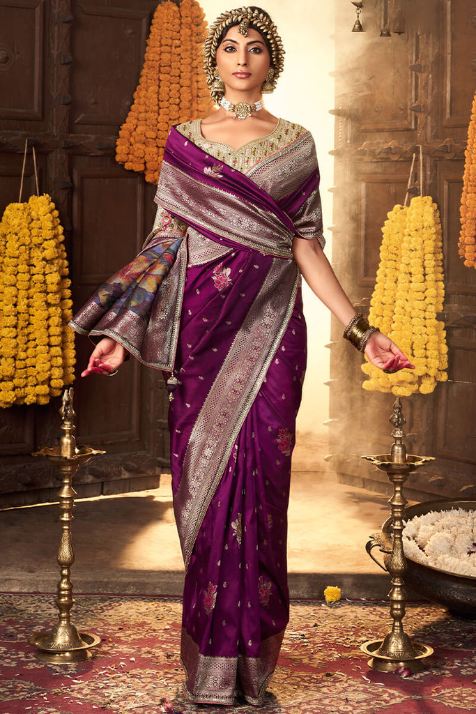 Grape Purple Pure Silk Saree With Embroidery Blouse
