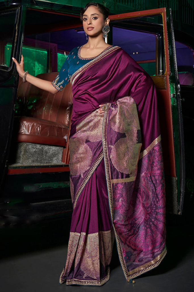 Grape Purple Pure Silk Saree With Fancy Lace Border and Embroidery Blouse