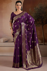 Grape Purple Zari Handloom Soft Banarasi Silk Saree