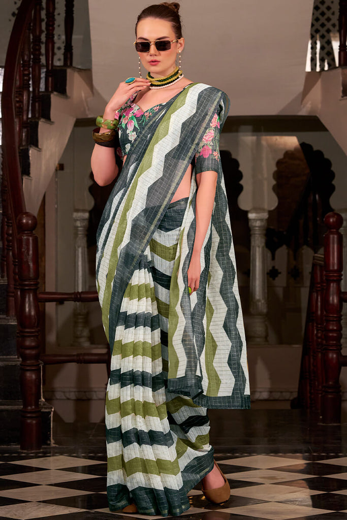 Green and Black Linen Cotton Silk Saree
