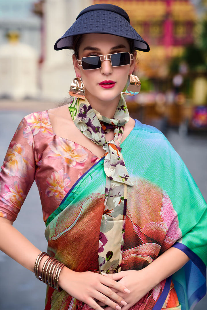 Green and Blue Printed Satin Crepe Silk Saree