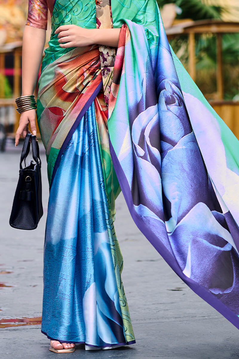 Green and Blue Printed Satin Crepe Silk Saree