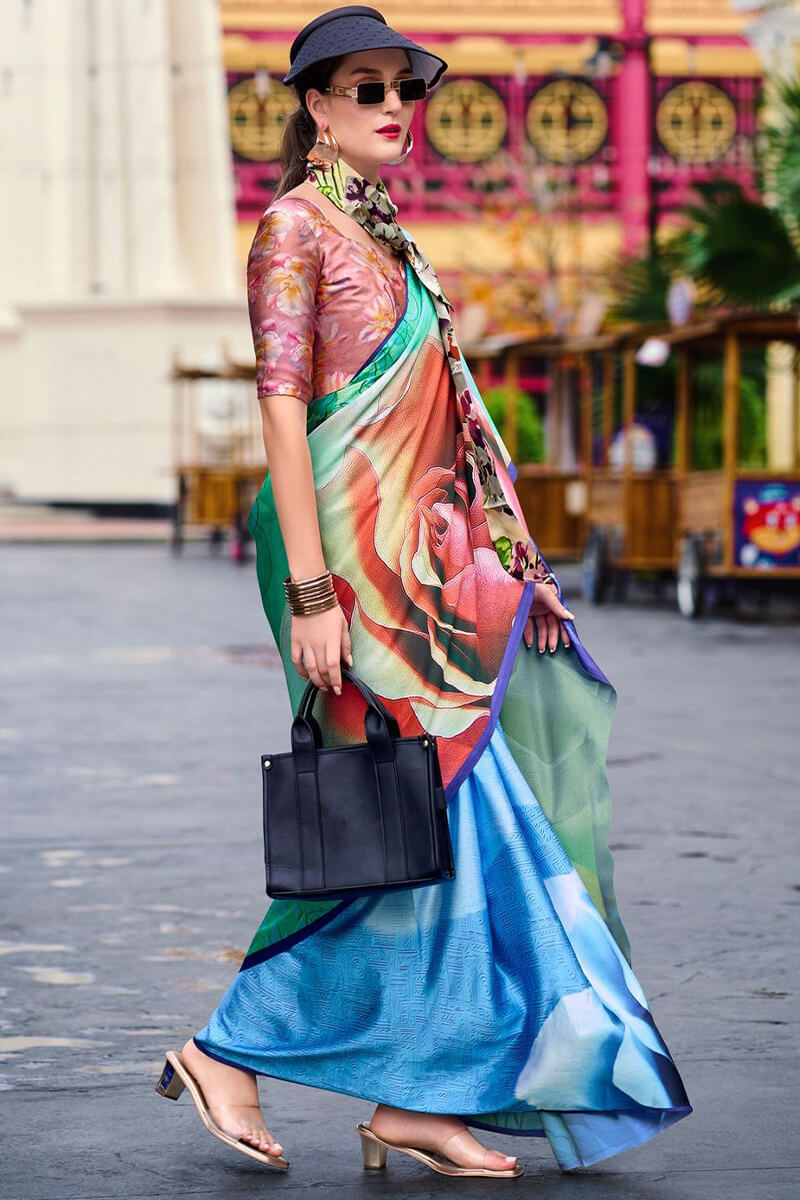 Green and Blue Printed Satin Crepe Silk Saree