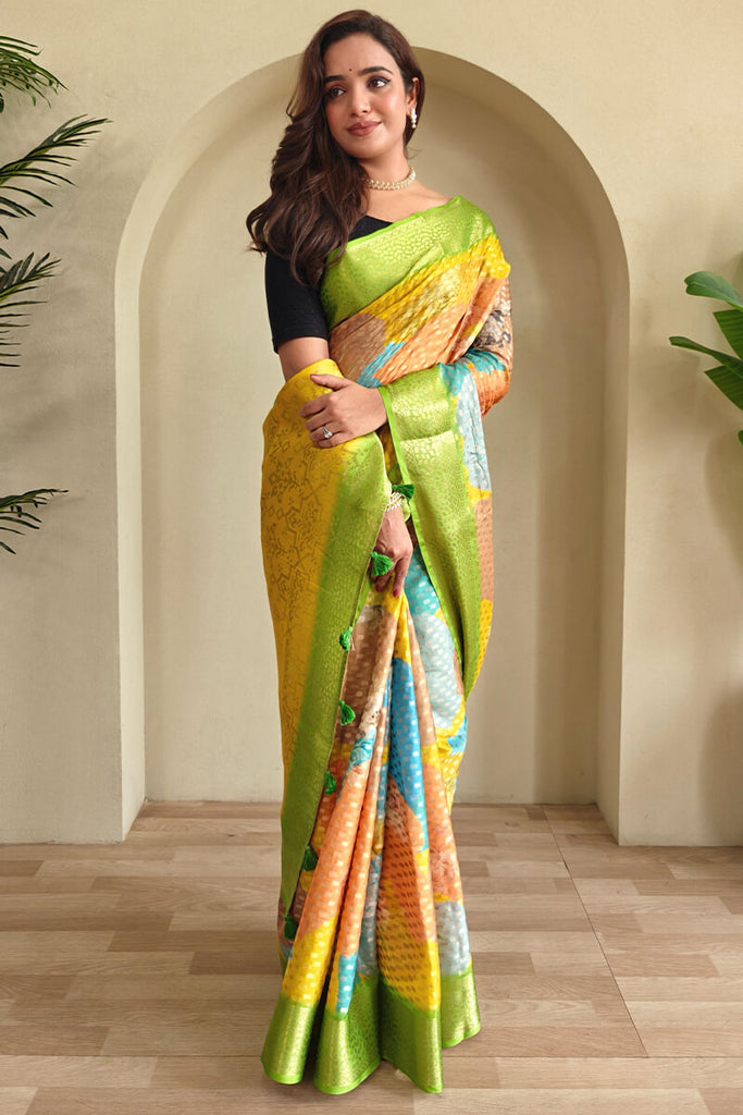 Green and Multi Color Printed Georgette Woven saree