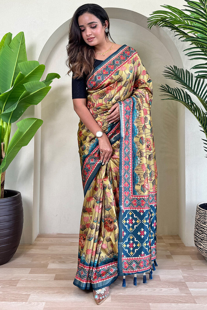 Greenish Beige Digital Printed Pure Viscose Dola Silk Saree
